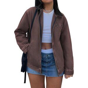 Women Jean Jacket Cotton Fall Long Sleeve Zipper Stylish Casual